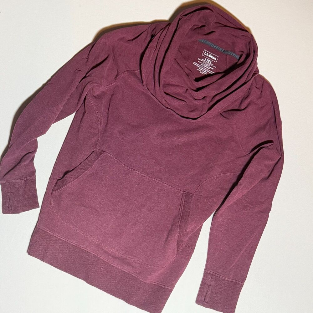 LL Bean Cozy Pullover in plum maroon cowl neck thumb holes L